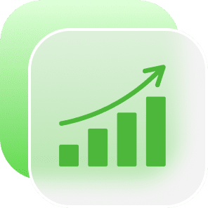 Green upward trending bar chart with arrow showing business growth and success