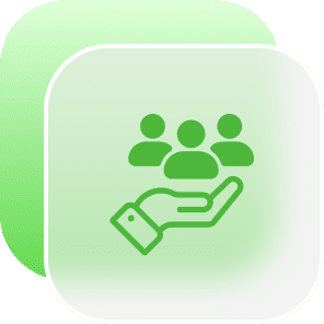 Green hand holding people icons representing customer care and support services