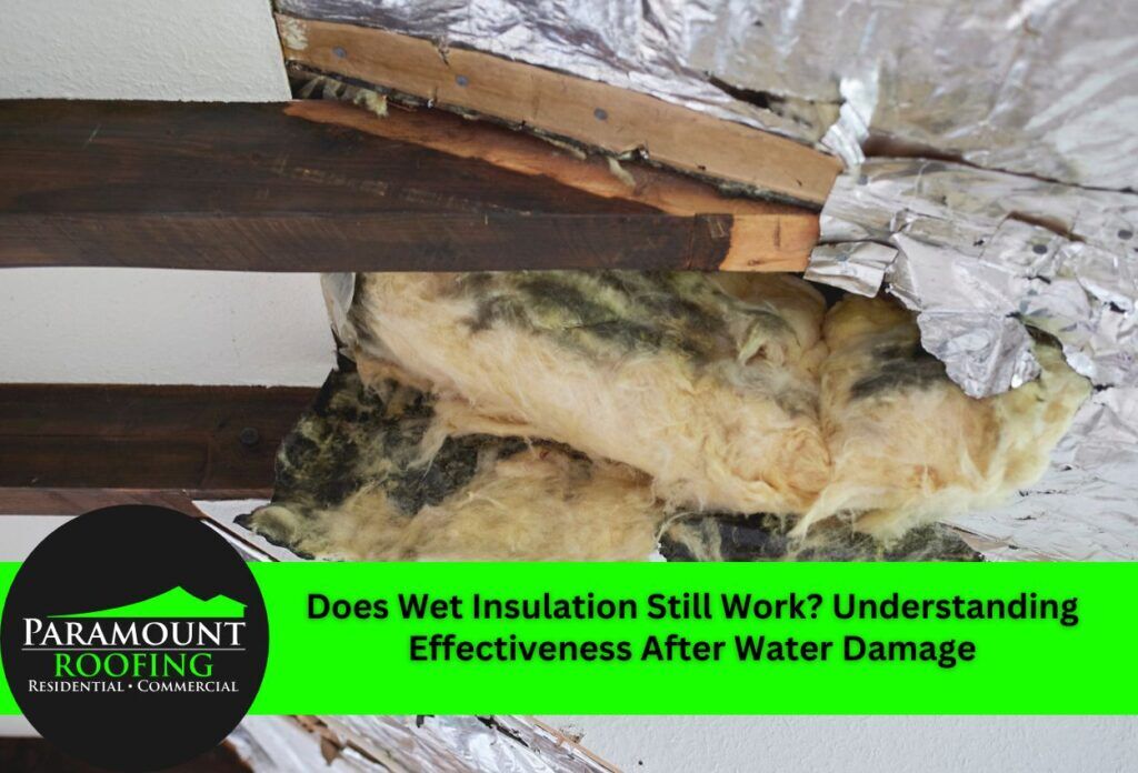Water damaged attic insulation with mold growth and exposed wooden beams