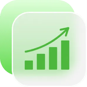 Green upward trending bar chart with arrow showing business growth and success