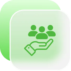 Green hand holding people icons representing customer care and support services