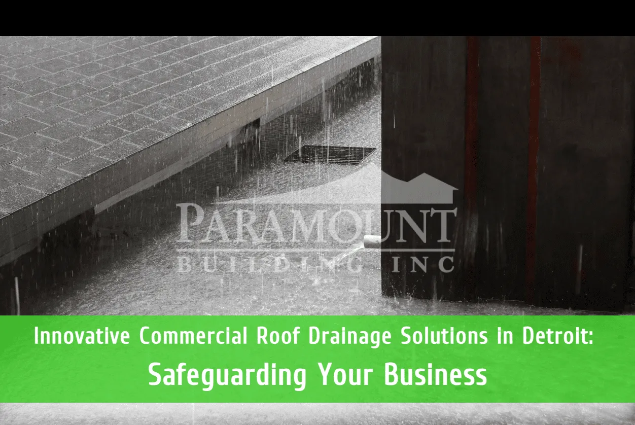 Commercial roof drainage system with heavy rain at Paramount Building