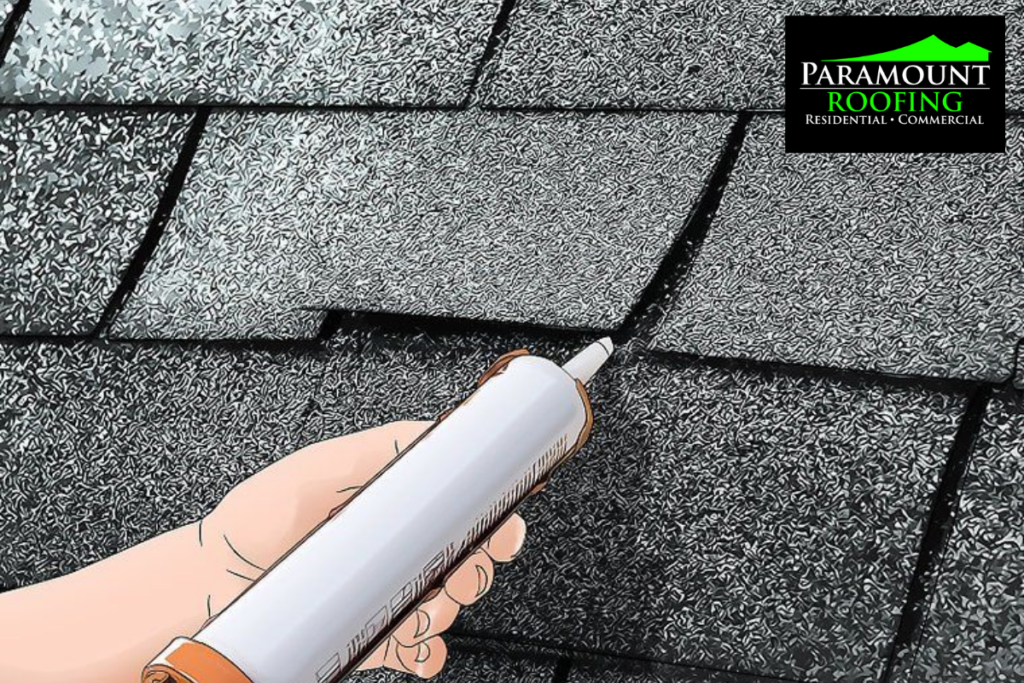 Hand applying roofing sealant from tube to asphalt shingle roof repair