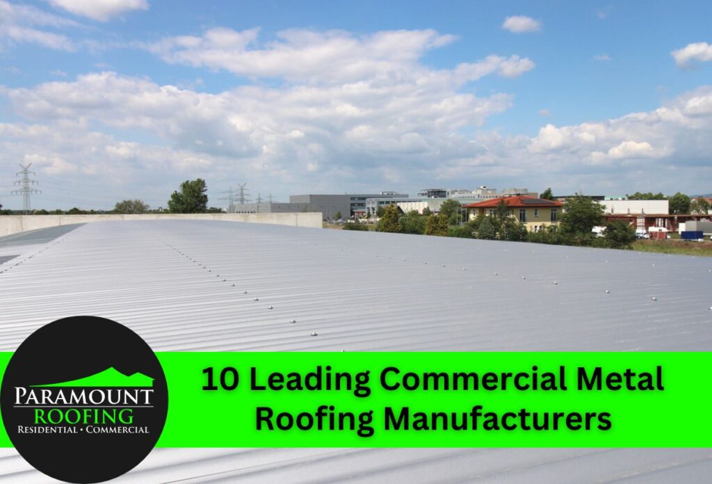 Commercial metal roof with corrugated panels overlooking industrial buildings