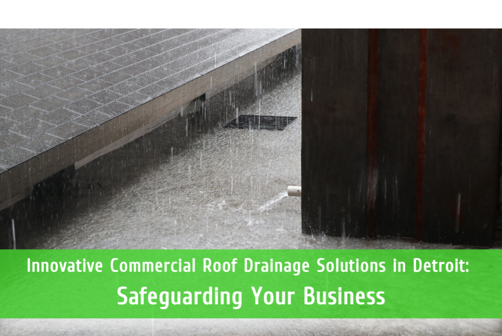 Commercial roof drainage system with heavy rain at Paramount Building