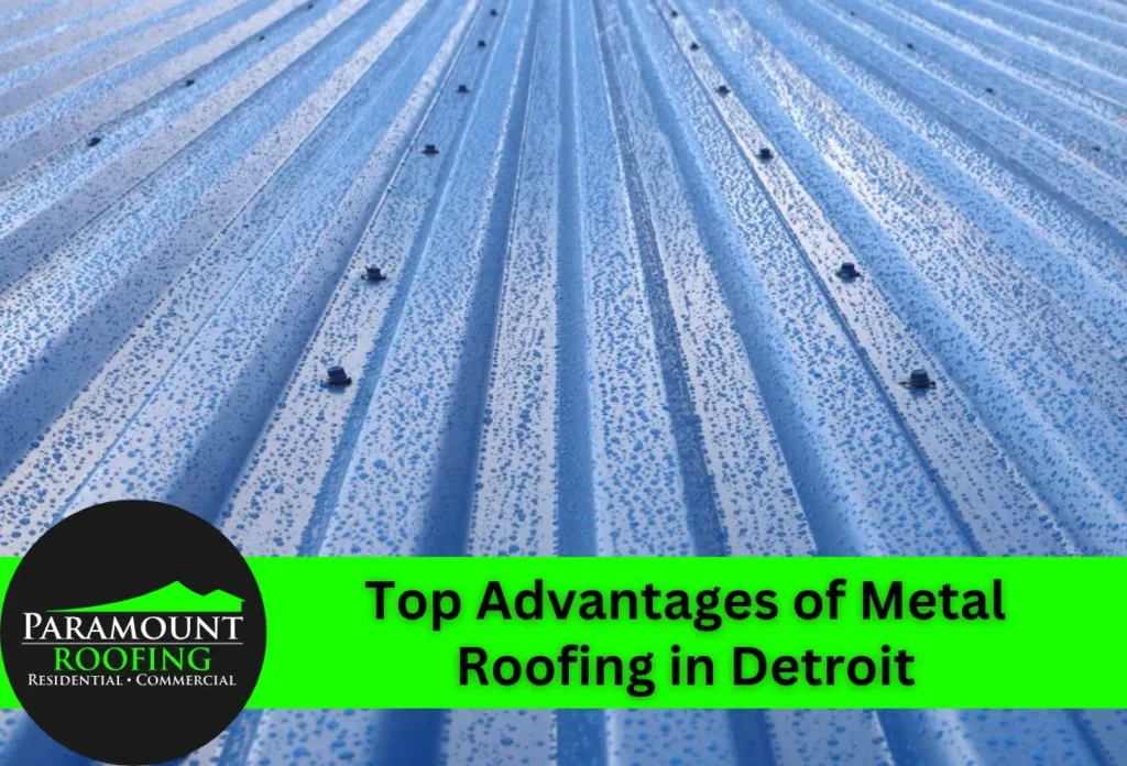 Blue corrugated metal roofing panels with water droplets showing advantages