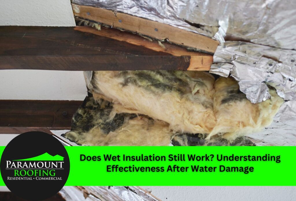 Water damaged attic insulation with mold growth and exposed wooden beams