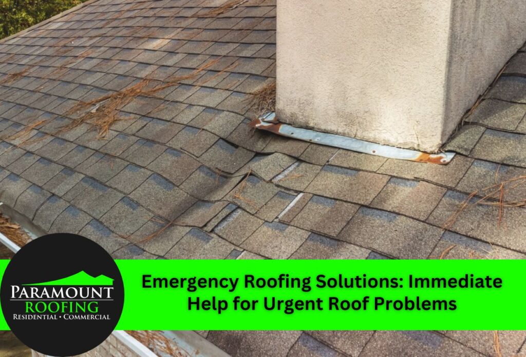 Damaged roof shingles around chimney flashing showing emergency roofing repair needs