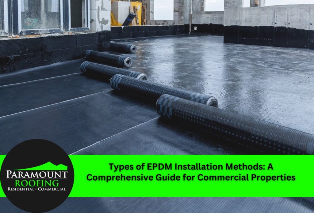 EPDM rubber roofing membrane rolls being installed on commercial building rooftop