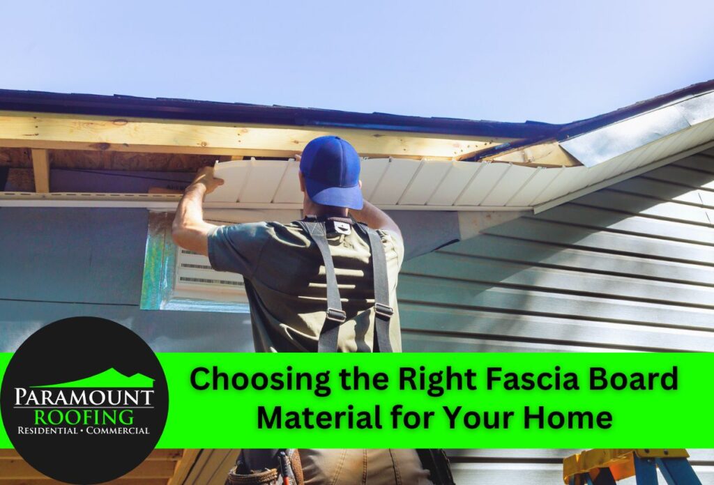Construction worker in blue cap installing fascia board on residential roof with wooden beams and siding visible