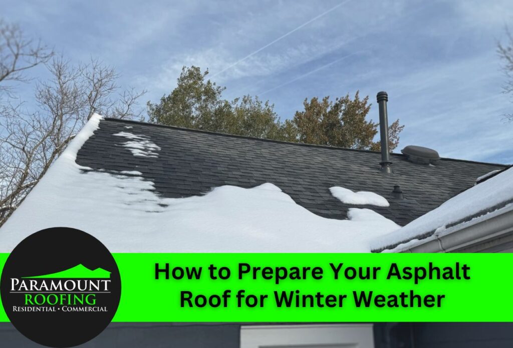 Snow-covered asphalt shingle roof with patches of exposed dark shingles and chimney