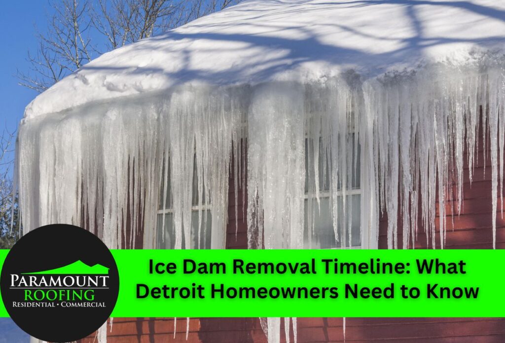 Ice dams and icicles hanging from snow-covered roof requiring professional removal