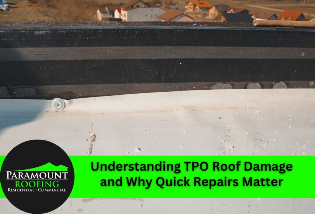 Damaged TPO roof membrane showing wear and deterioration with residential buildings
