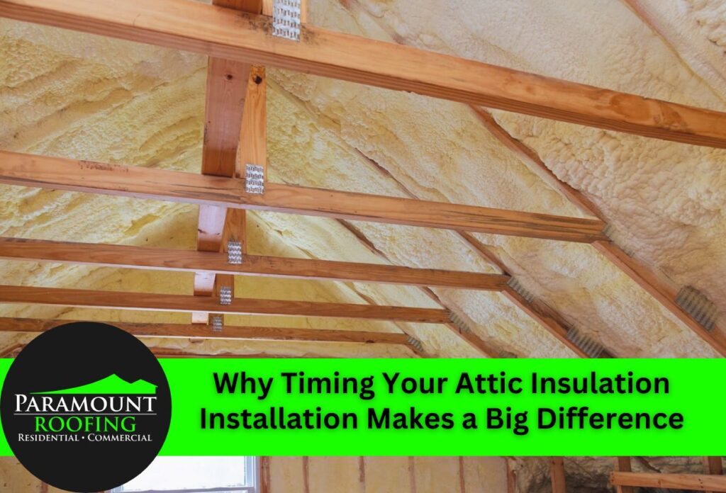 Attic insulation installation with wooden rafters and fiberglass insulation