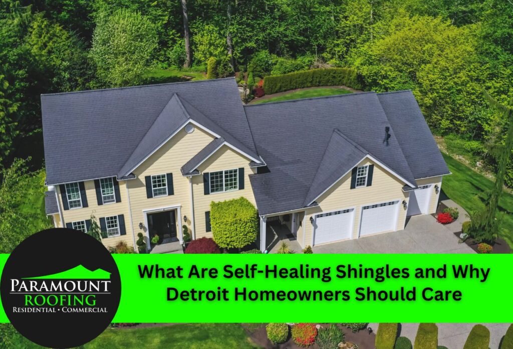 Aerial view of suburban home with gray shingles and landscaped yard