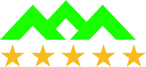 Green mountain icon with five gold stars beneath it.