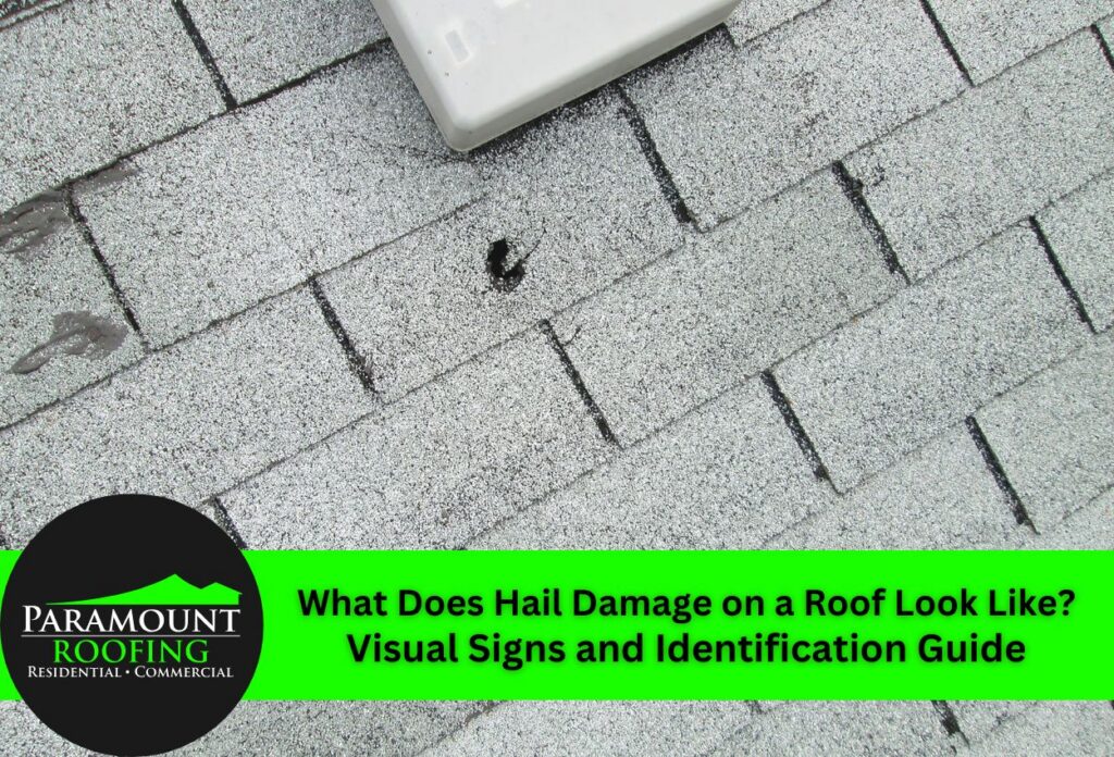 Close-up image of hail damage on asphalt roof shingles.