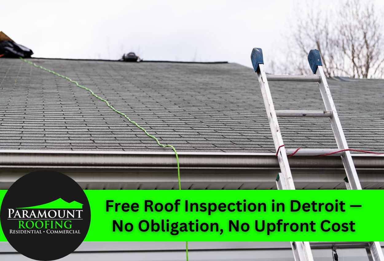 Roof inspection advertisement showing ladder and shingles.