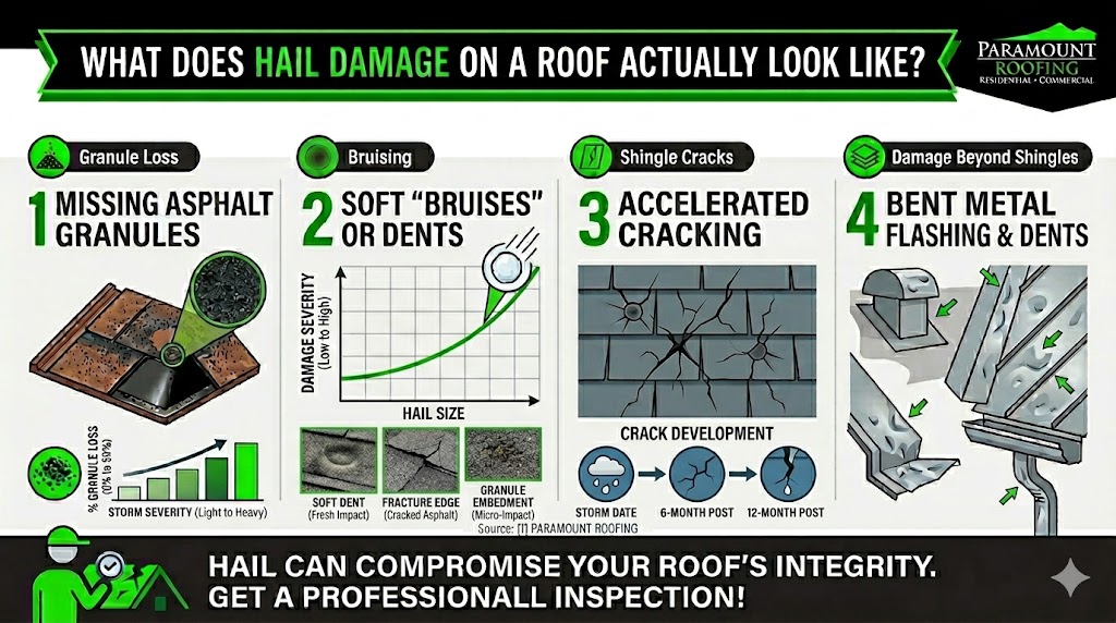 What Does Hail Damage on a Roof Look Like? Visual Signs and Identification Guide What does hail damage on a roof actually look like Paramount Roofing