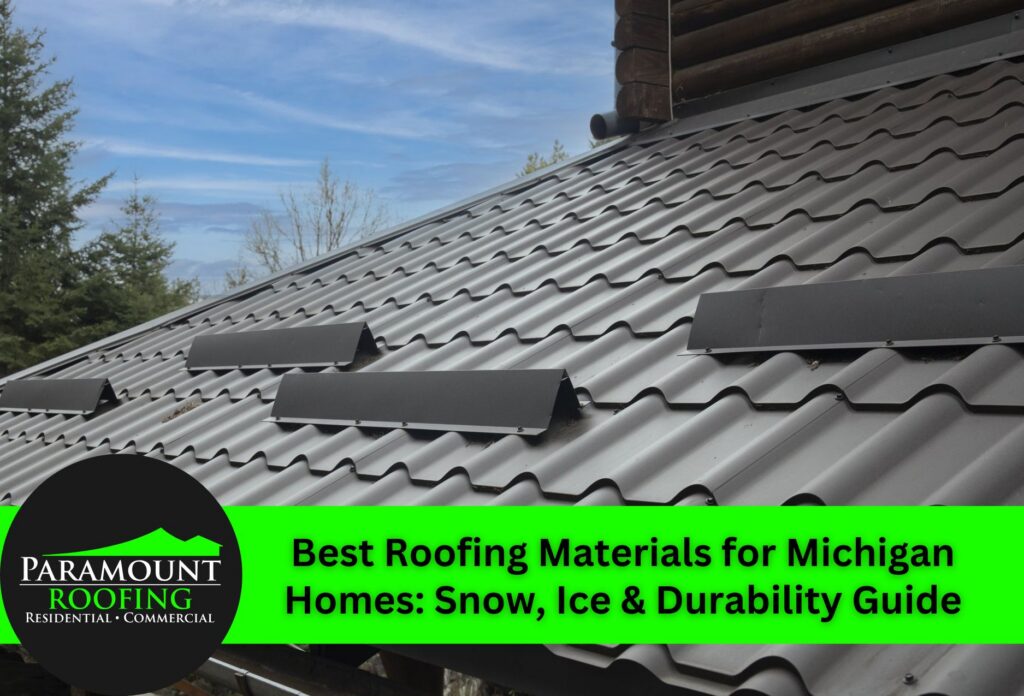 Metal roof with snow guards under a clear blue sky in Michigan.