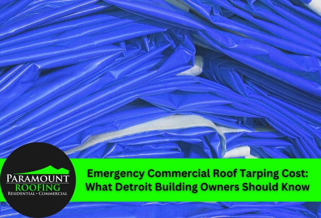 Blue tarps for emergency commercial roof tarping in Detroit area.