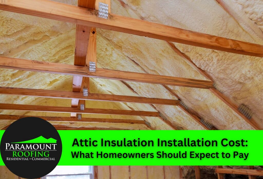 Attic with wooden beams and insulation installed, cost discussion overlay.