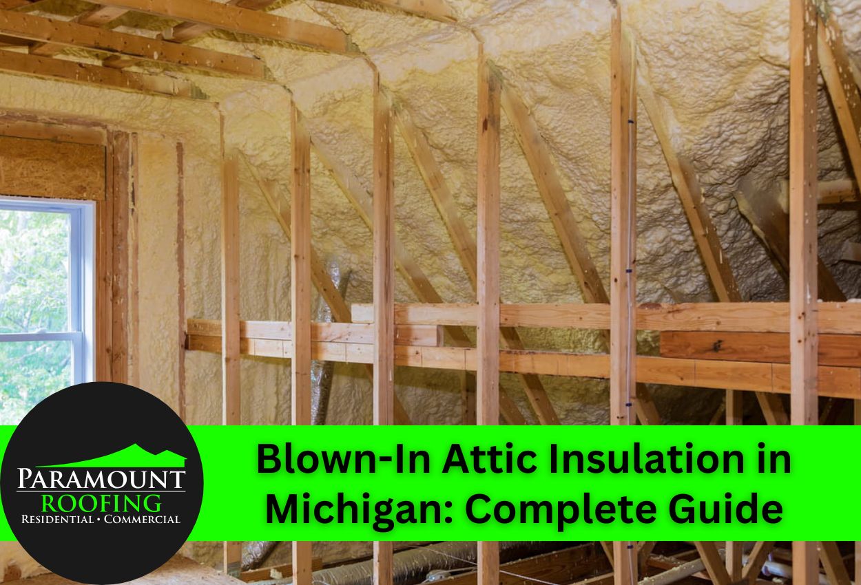 Blown-in attic insulation in a Michigan home with wooden framing.