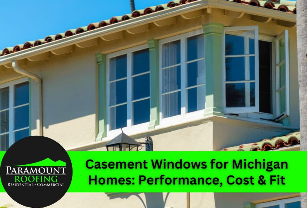 Casement windows on a Michigan home under clear blue sky