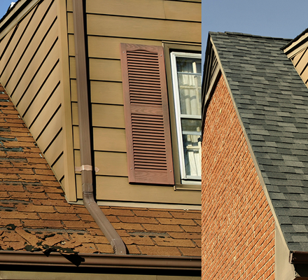 Close-up image comparing old and new house siding and roofing.