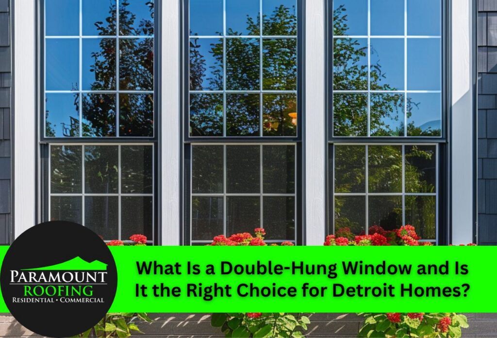 Double-hung window with red flowers beneath, against a home exterior.