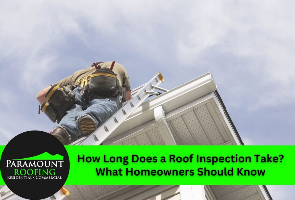 Roofer inspecting roof with ladder under blue sky for homeowners