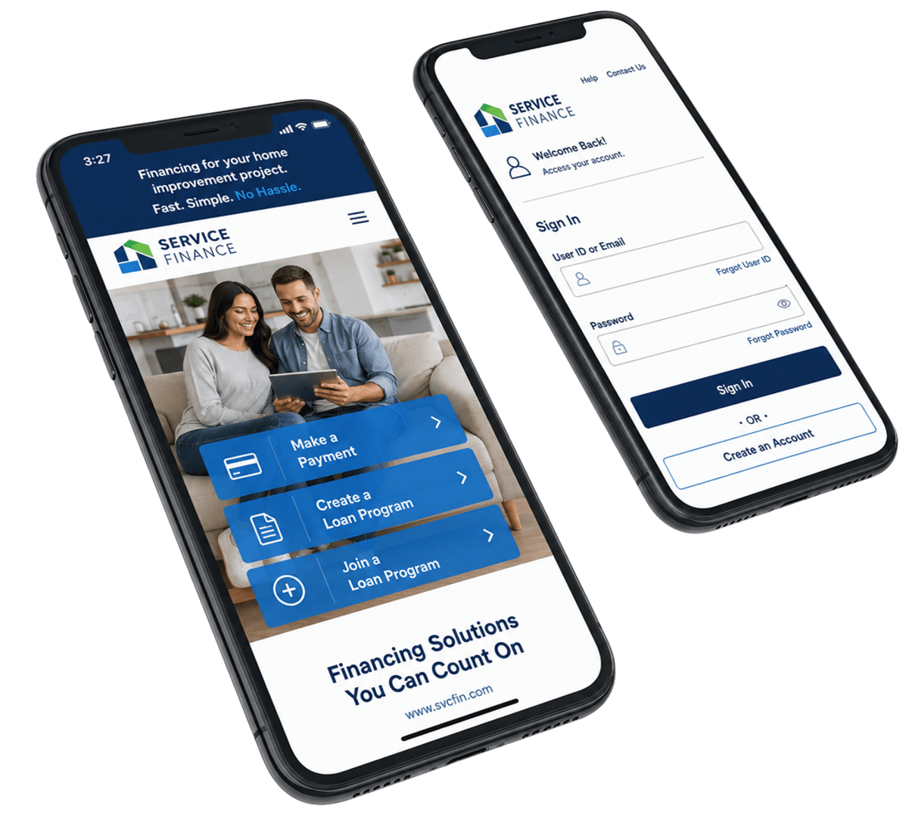 Two smartphones displaying a finance app interface for easy loan management.