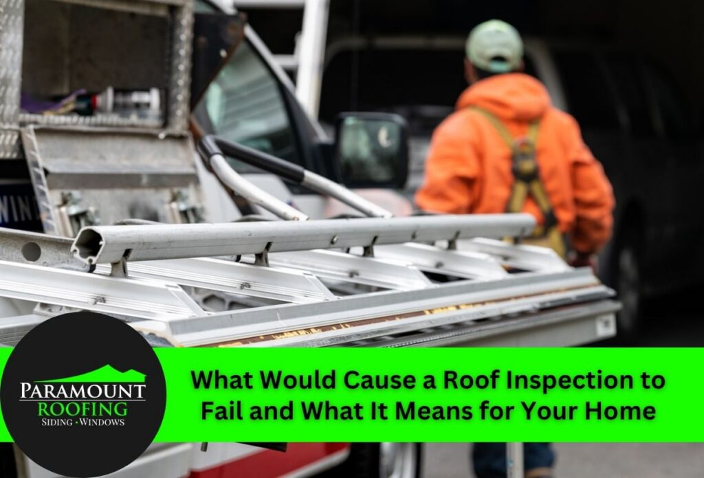Roof inspection scene with contractor in orange jacket near truck.