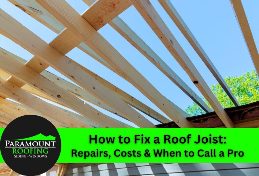 Wooden roof joists against a clear sky with repair tips featured.